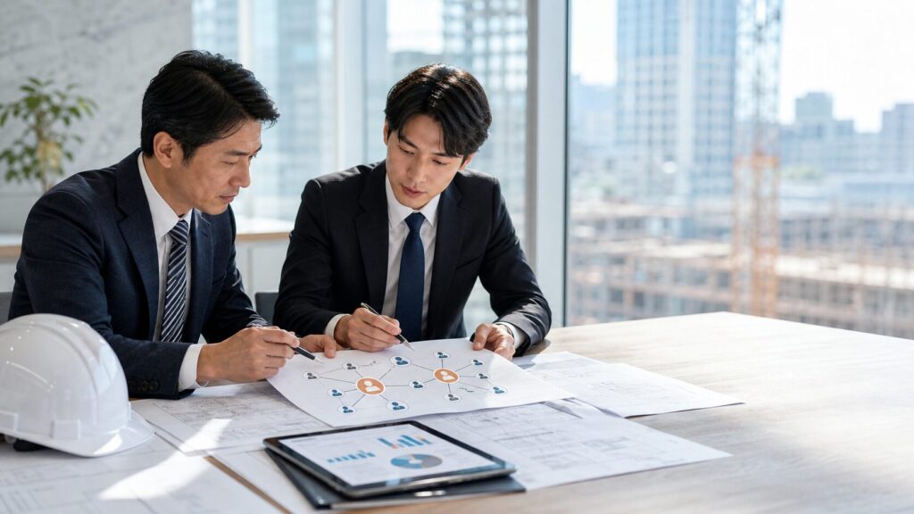 建設会社の会社売却における協力会社依存とキーマン依存の確認ポイントを表現したコラム用アイキャッチ画像