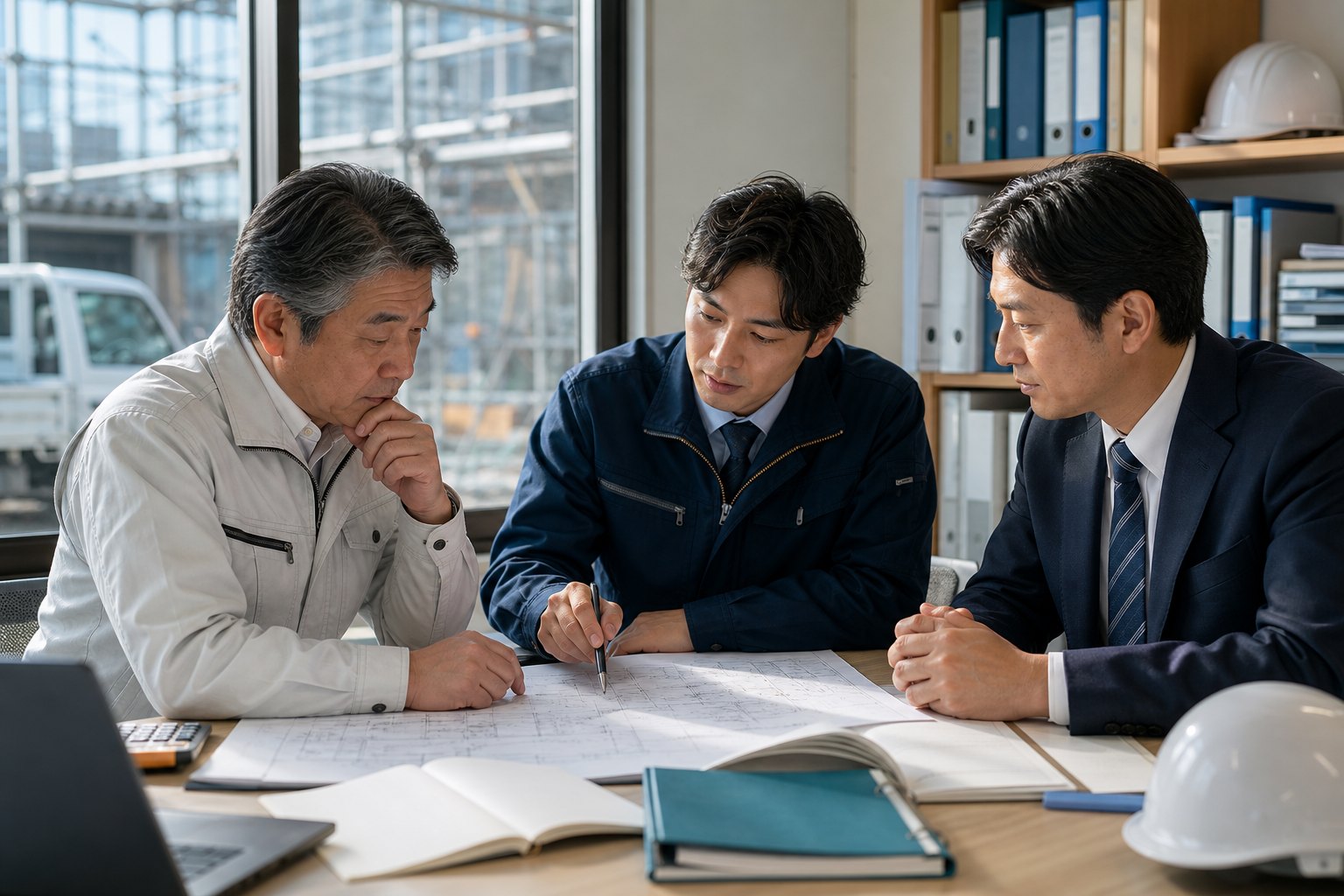 工事会社の承継条件を相談する経営者とアドバイザー