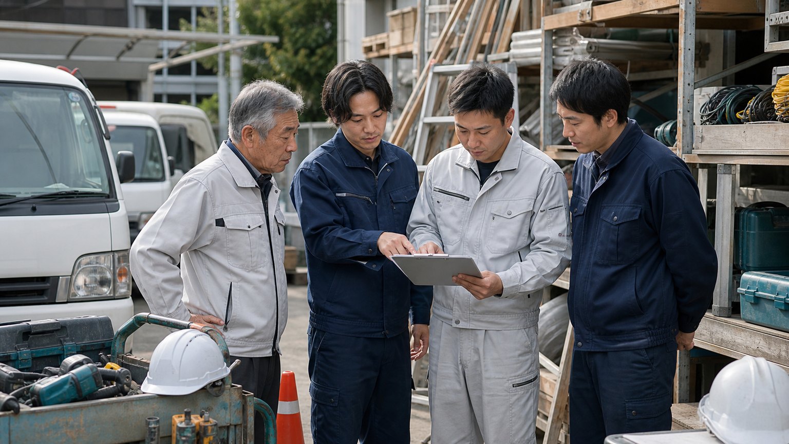 工事会社の車両や工具を確認する社員とアドバイザー