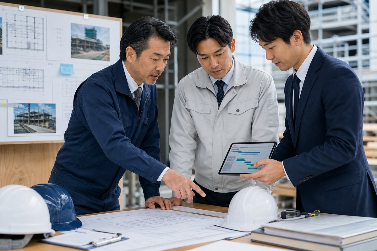 工事会社M&A後の引き継ぎを確認する現場ミーティング