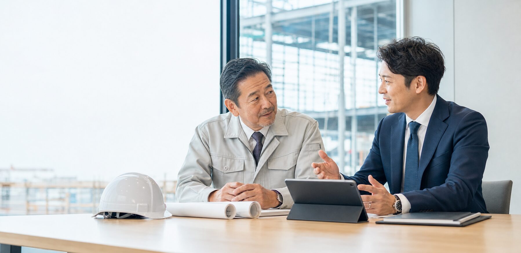 工事会社オーナーとM&Aアドバイザーが相談している写真