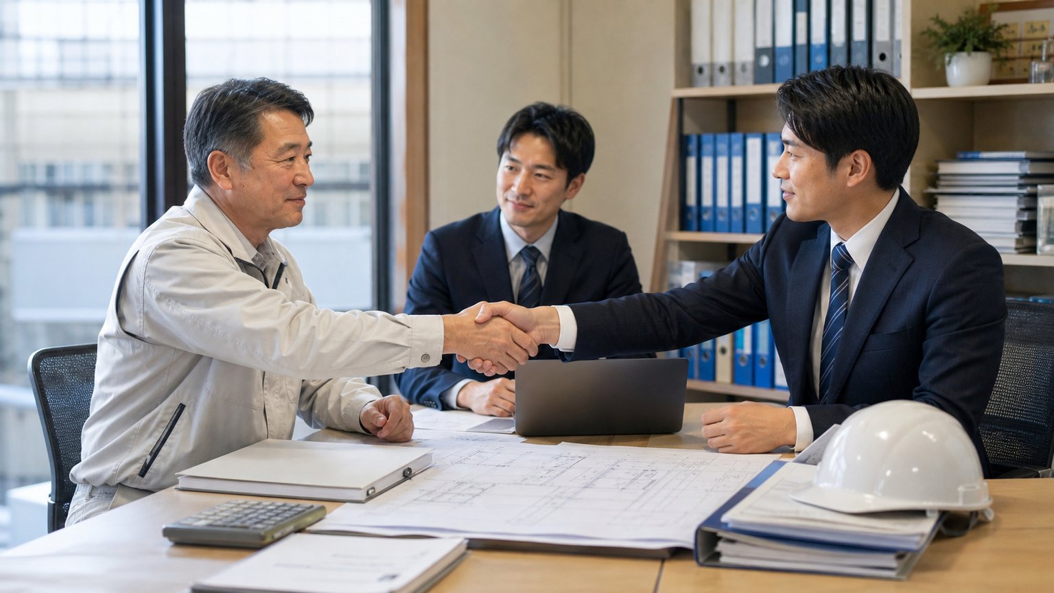工事会社の譲渡条件を確認した後に握手する経営者と候補先