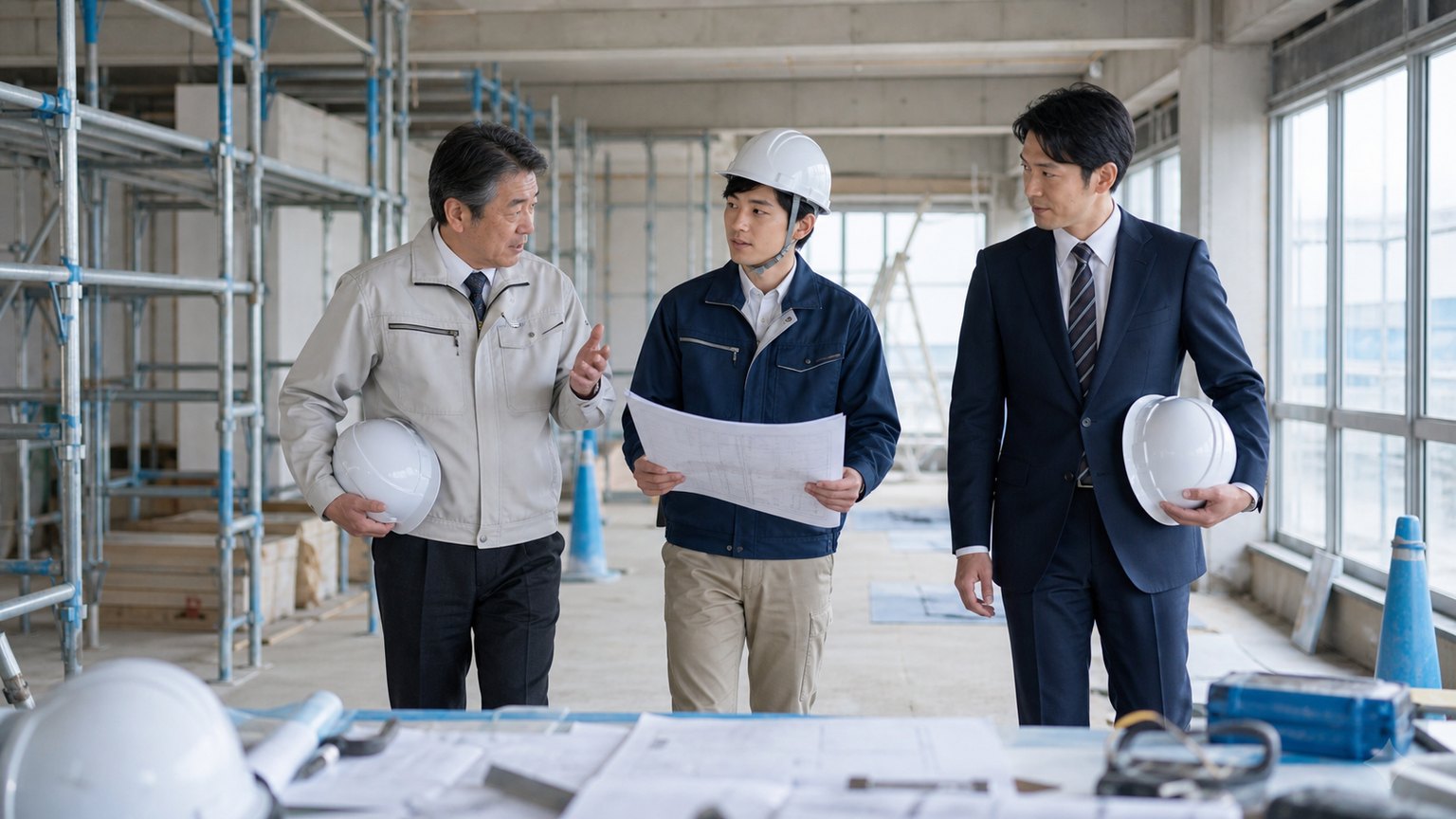 工事現場で引き継ぎ内容を確認する経営者と担当者