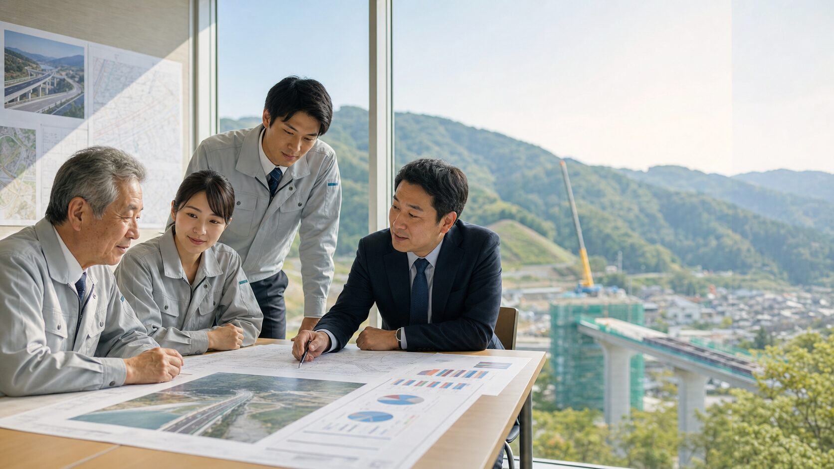 Nomura Gumi Case: 地域金融機関系ファンドと次世代経営陣が建設会社の受注計画を確認する様子