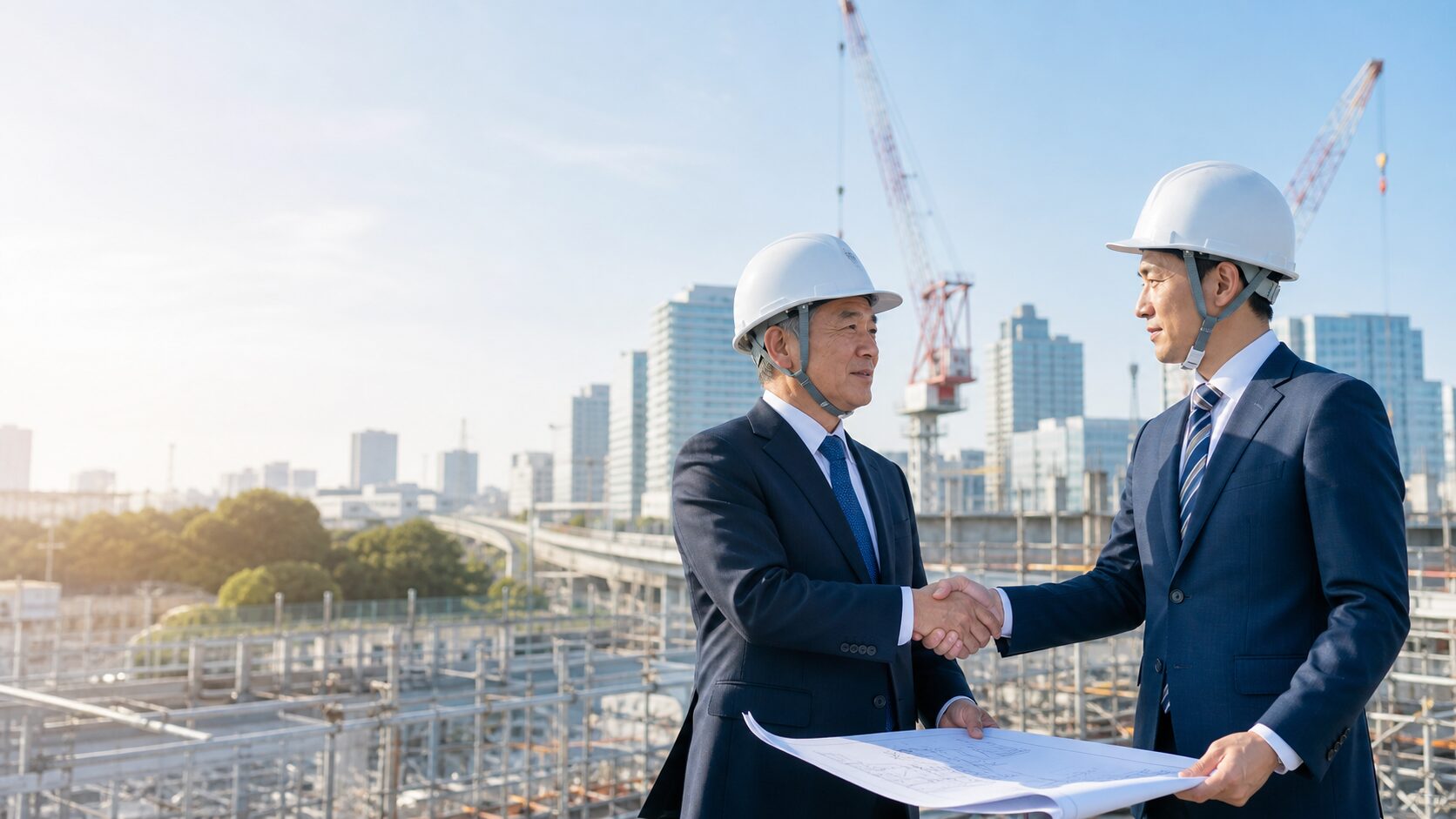 埼玉県の工事会社M&A・事業承継を象徴する建設現場で握手する経営者
