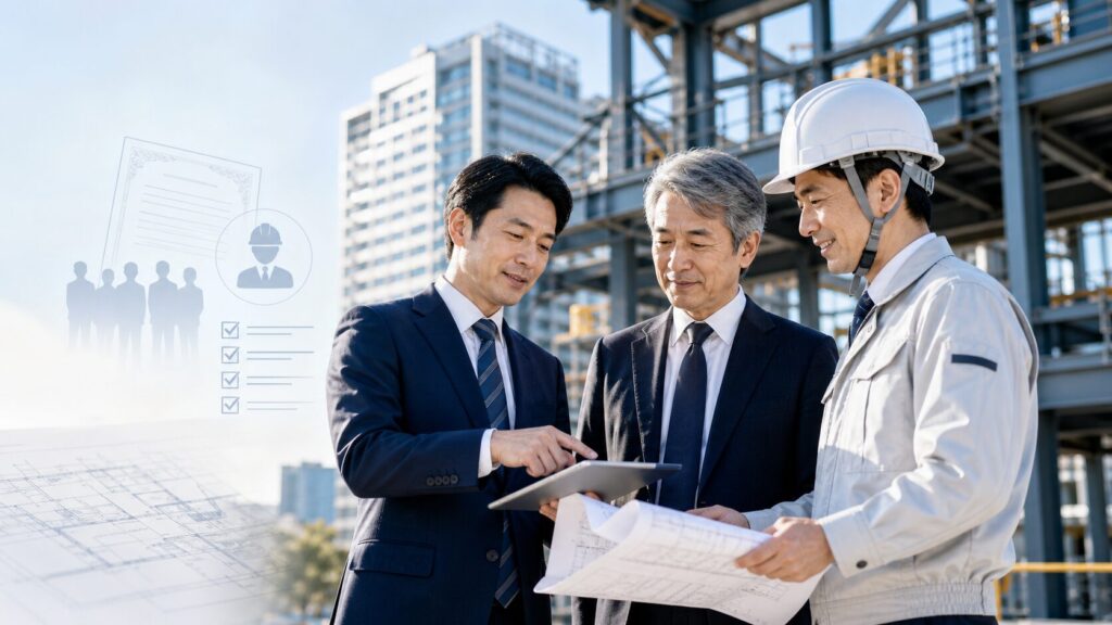 建設会社の会社譲渡に向けて資格者・技術者の引継ぎ計画を確認する経営者と現場技術者
