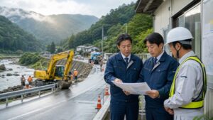 豪雨後の復旧現場でBCPと事業承継計画を確認する建設会社の経営者と技術者