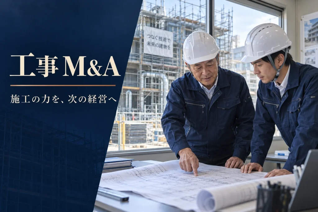 工事M&Aで施工体制と事業承継を検討する工事会社オーナーと後継経営者のイメージ